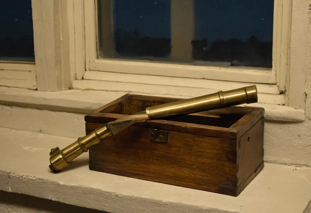 Brass telescope on a wooden box by a moonlit window