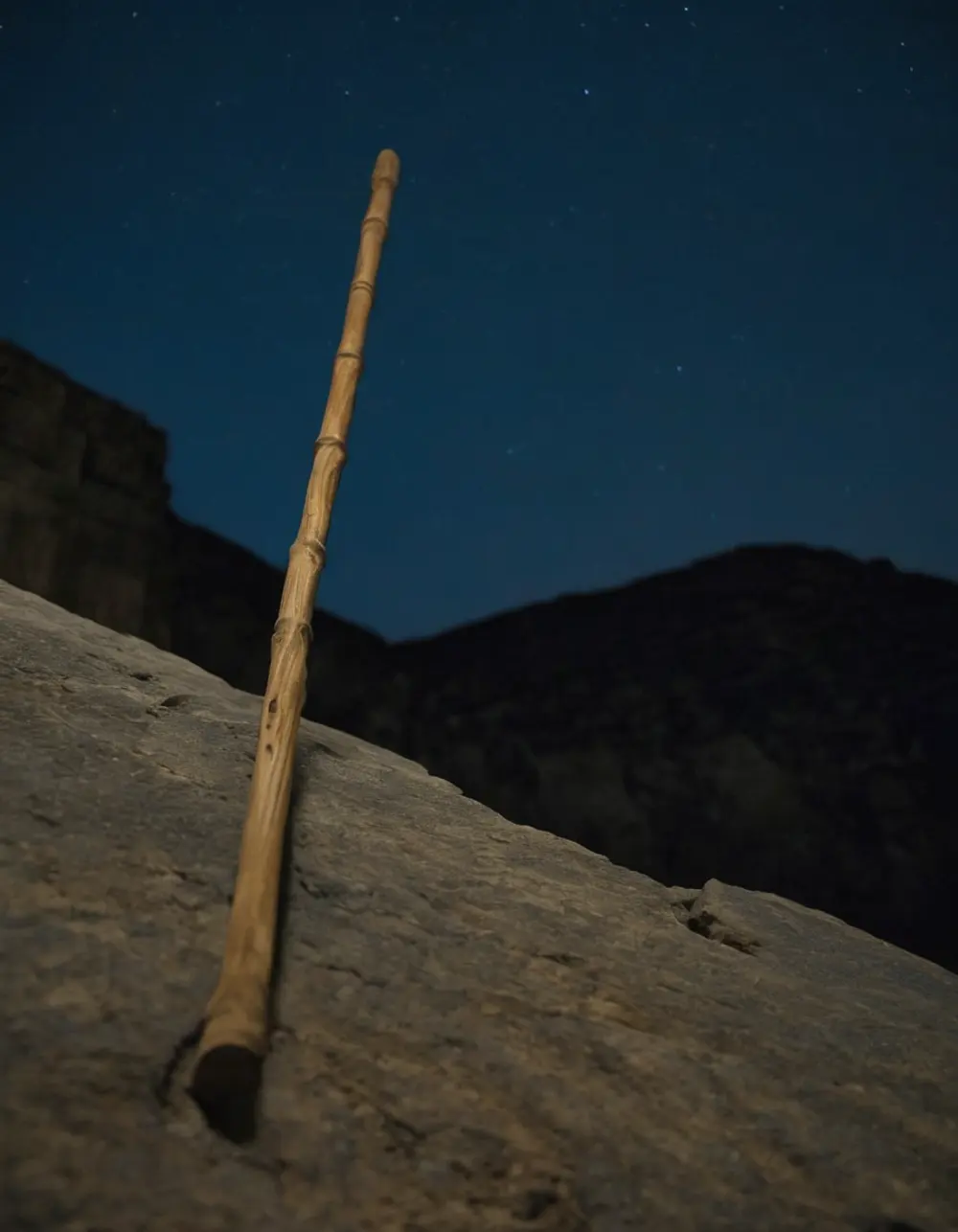 Anuradha: walking staff on a stone ledge at night