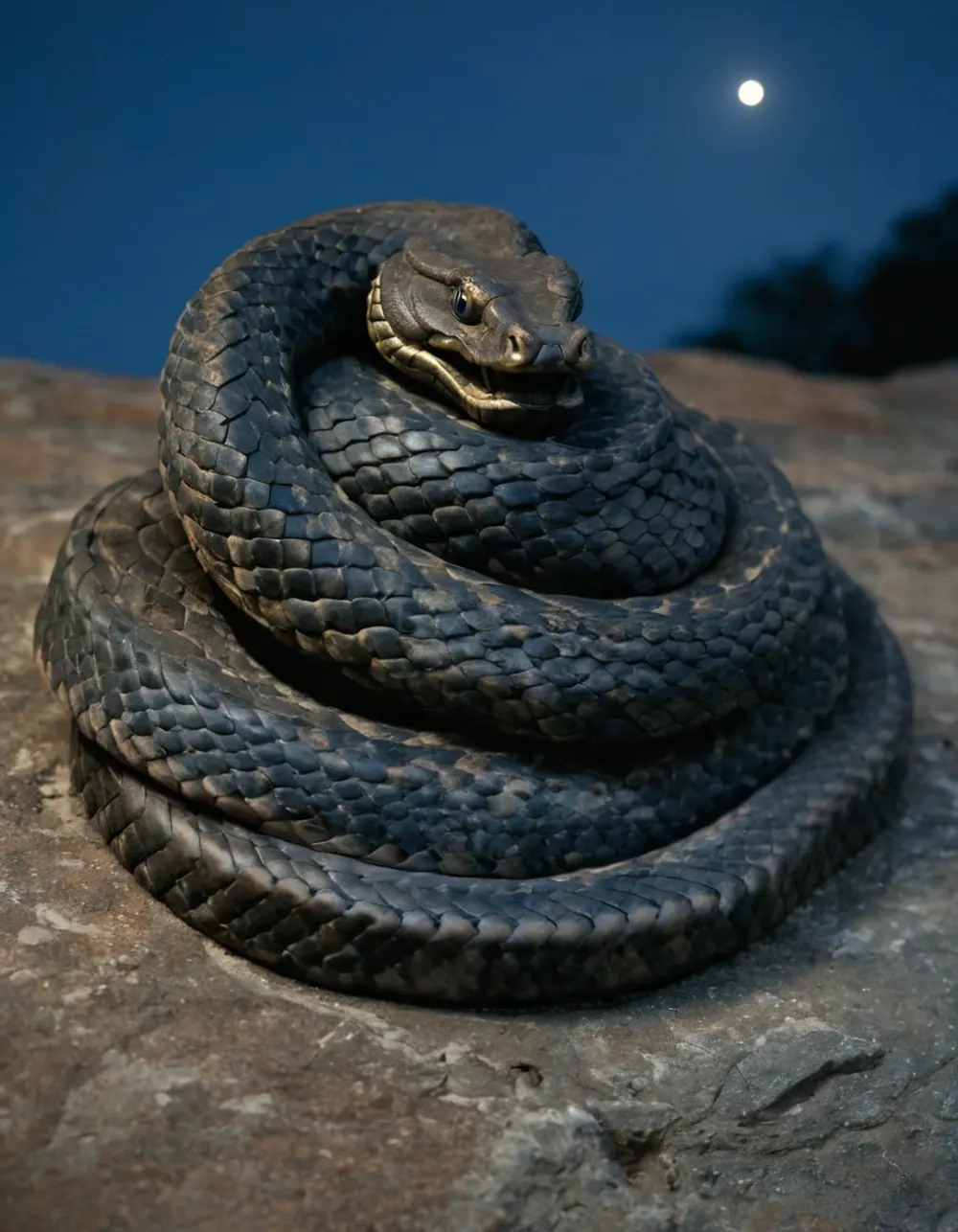Ashlesha: coiled bronze serpent on a stone ledge at night