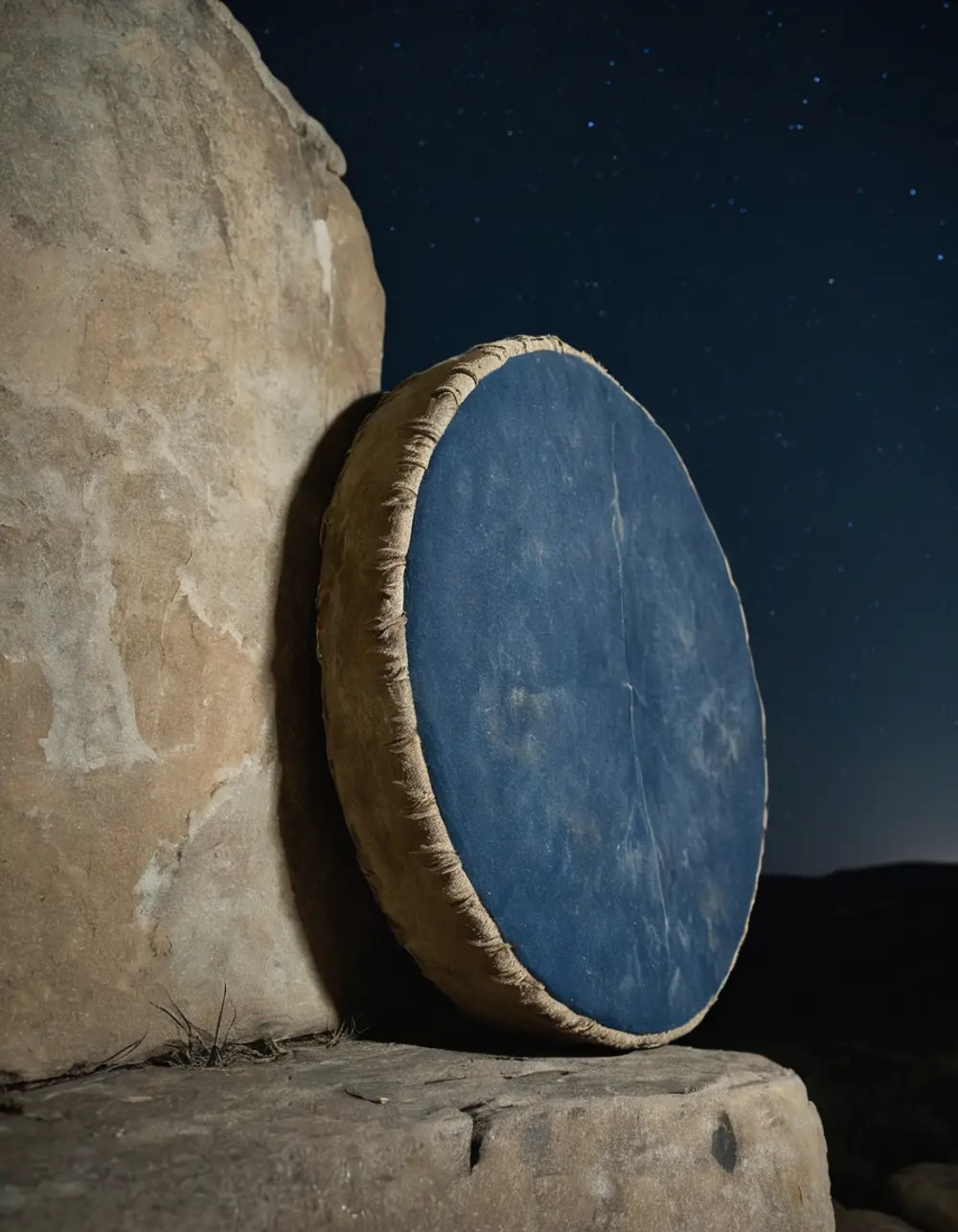 Dhanishta: hand drum on a stone ledge at night