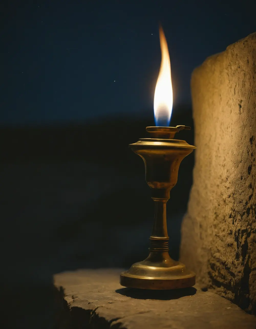 Krittika: flame in a brass lamp on a stone ledge at night
