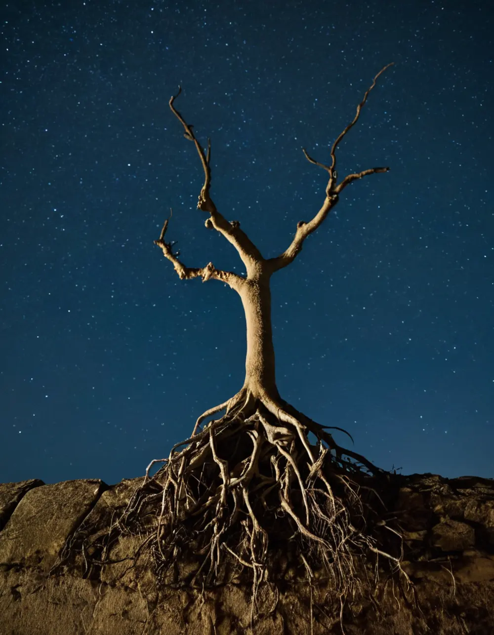 Mula: tied roots on a stone ledge at night