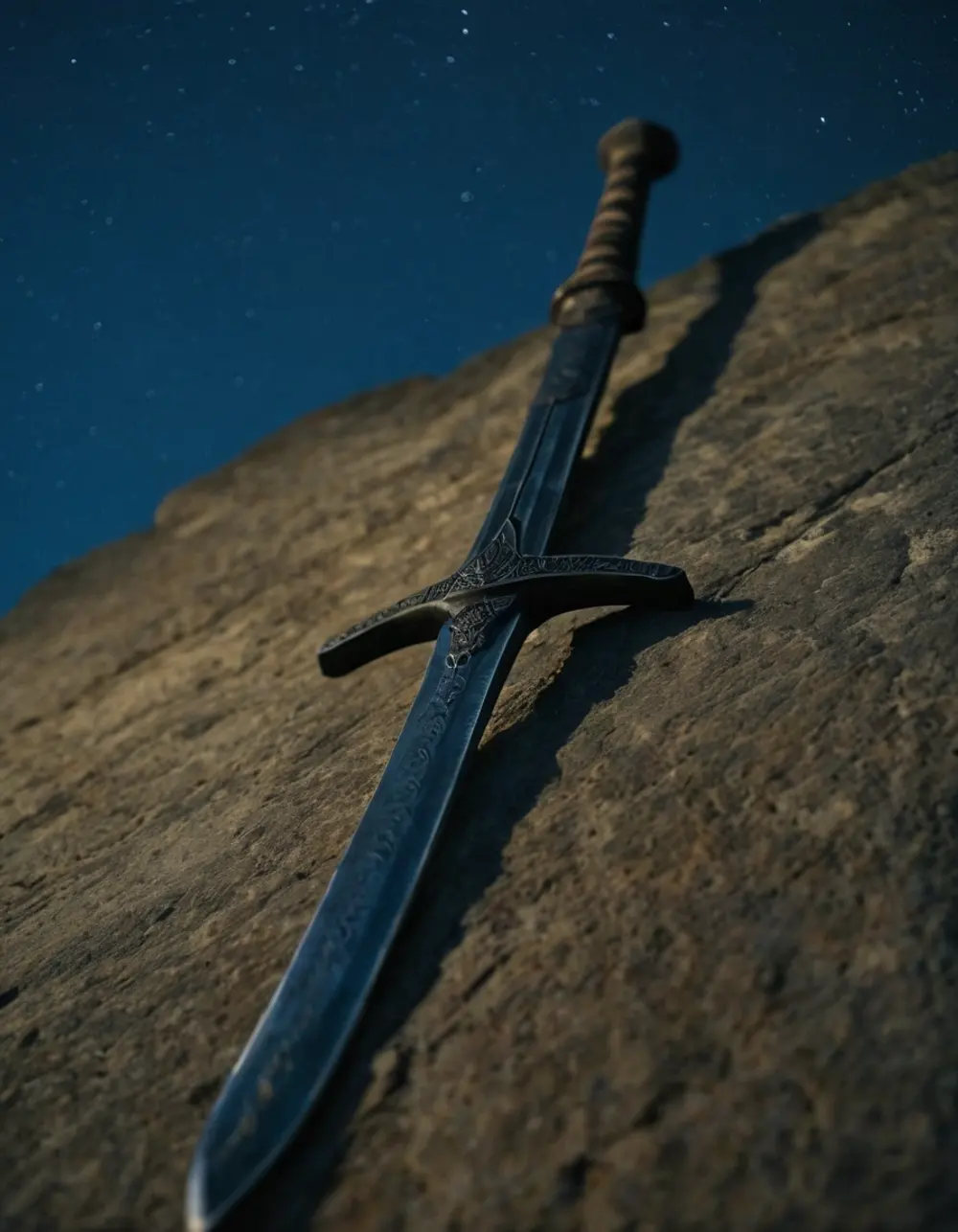 Purva Bhadrapada: old sword on a stone ledge at night