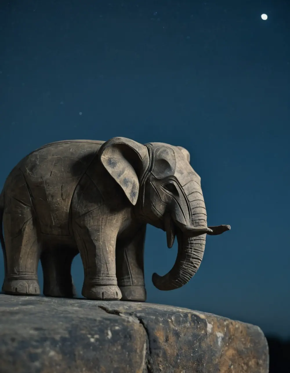 Uttara Ashadha: carved elephant on a stone ledge at night