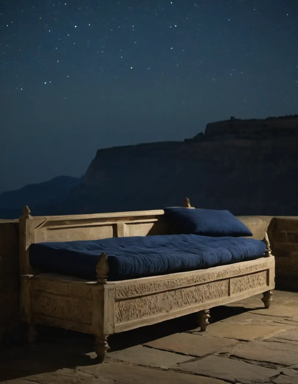 Uttara Phalguni: back legs of a daybed on a stone ledge at night