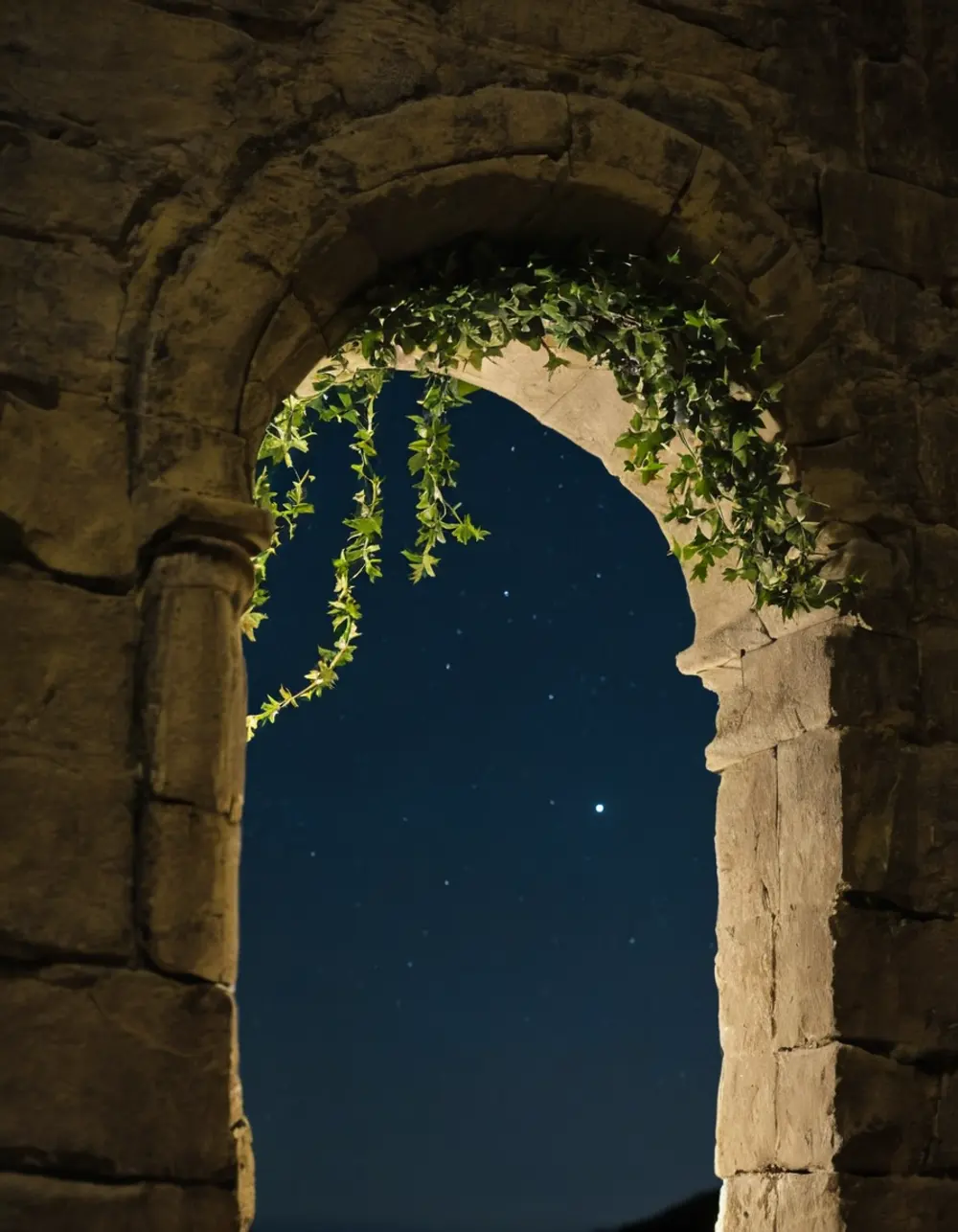 Vishakha: stone archway with leaves on a stone ledge at night
