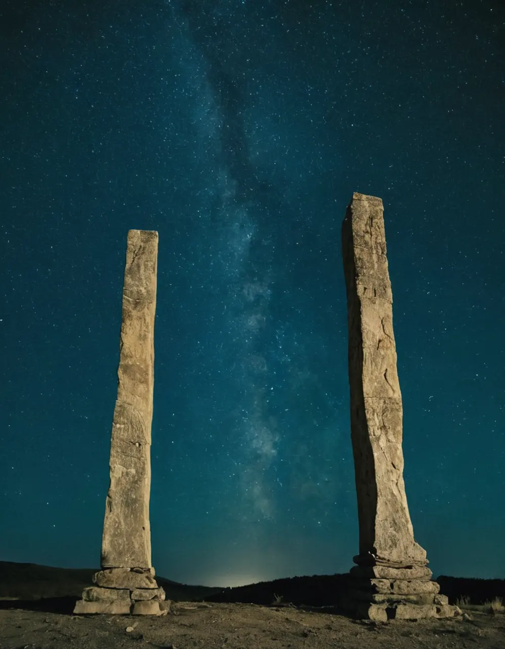 Two stone pillars under the stars