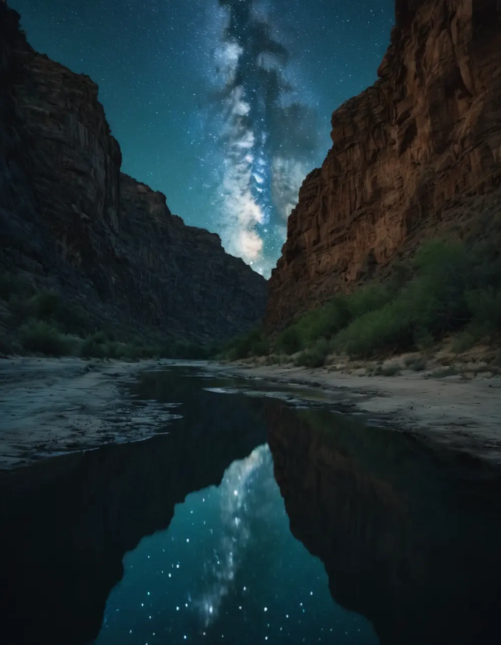 Canyon river reflecting the night sky